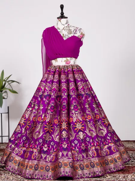 Purple Banarasi Silk Lehenga Choli Zari Weaving Work Lehenga With Readymade Blouse Attached Georgette Fancy Dupatta for Indian Bridal Wear