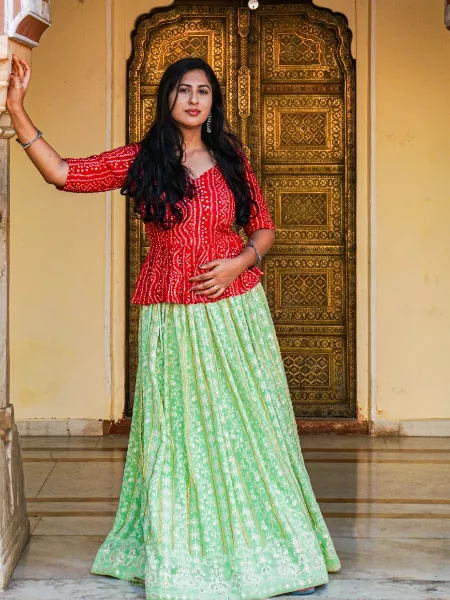 Indian Readymade Lehenga in Pista Color With Red Printed Readymade Blouse