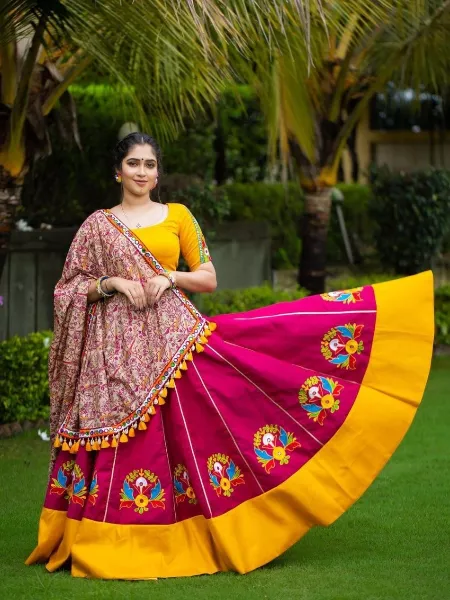 Pink and Yellow Color Navaratri Lehenga Choli With Dupatta and Real Mirror Embroidery