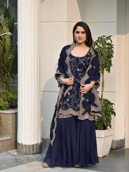 Blue Color Palazzo Suit Set With Dupatta in Georgette With Heavy Embroidery