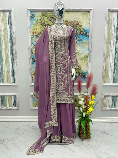 Onion Color Georgette Top Palazzo Set with Dupatta and Heavy Embroidery Work