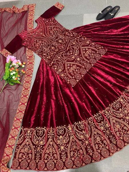 Maroon Color Velvet Indo Western for Indian Pakistani Wedding Wear Velvet Top Lehenga Set