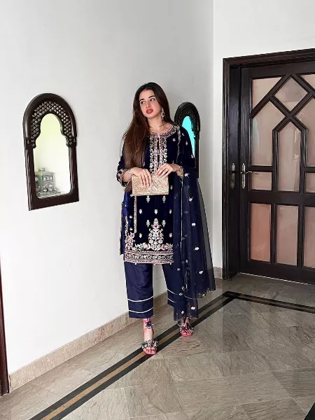 Blue Velvet Pakistani Suit With Heavy Embroidery and Dupatta Ready to Wear Pakistani Suit in Velvet