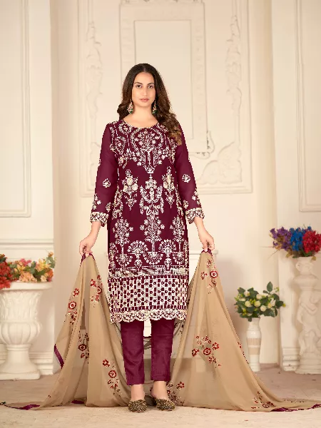 Maroon Color Pakistani Suit With Heavy Embroidery Work and Designer Dupatta Wedding and Reception Pakistani Suit
