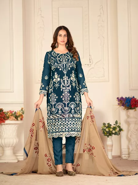 Rama Color Pakistani Suit With Heavy Embroidery Work and Designer Dupatta Wedding and Reception Pakistani Suit