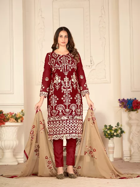 Red Color Pakistani Suit With Heavy Embroidery Work and Designer Dupatta Wedding and Reception Pakistani Suit
