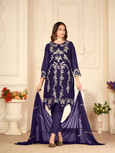 Navy Blue Pakistani Suit With Heavy Embroidery Work and Designer Dupatta Wedding and Reception Pakistani Suit
