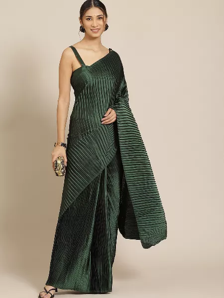 Green Color Satin Pleated Saree With Blouse Party Wear Designer Saree