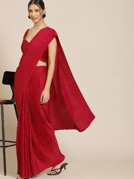 Red Color Satin Pleated Saree With Blouse Party Wear Designer Saree