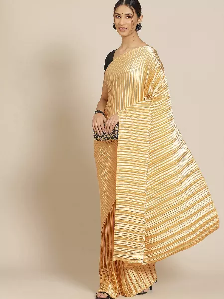 Cream Color Satin Pleated Saree With Blouse Party Wear Designer Saree