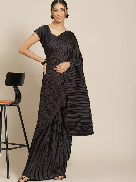 Black Color Satin Pleated Saree With Blouse Party Wear Designer Saree