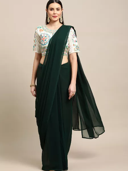 Green Color Readymade One Minit Saree With Heavy Embroidery Work Unstitched Blouse