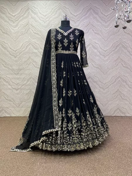 Black Color Georgette Gown With Designer Embroidery Work
