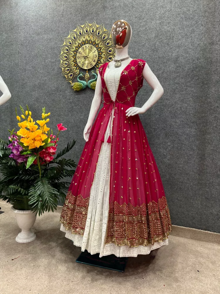Red butter silk digital printed work lehenga choli with shrug | Indian  wedding wear, Lehenga choli, Formal dresses long