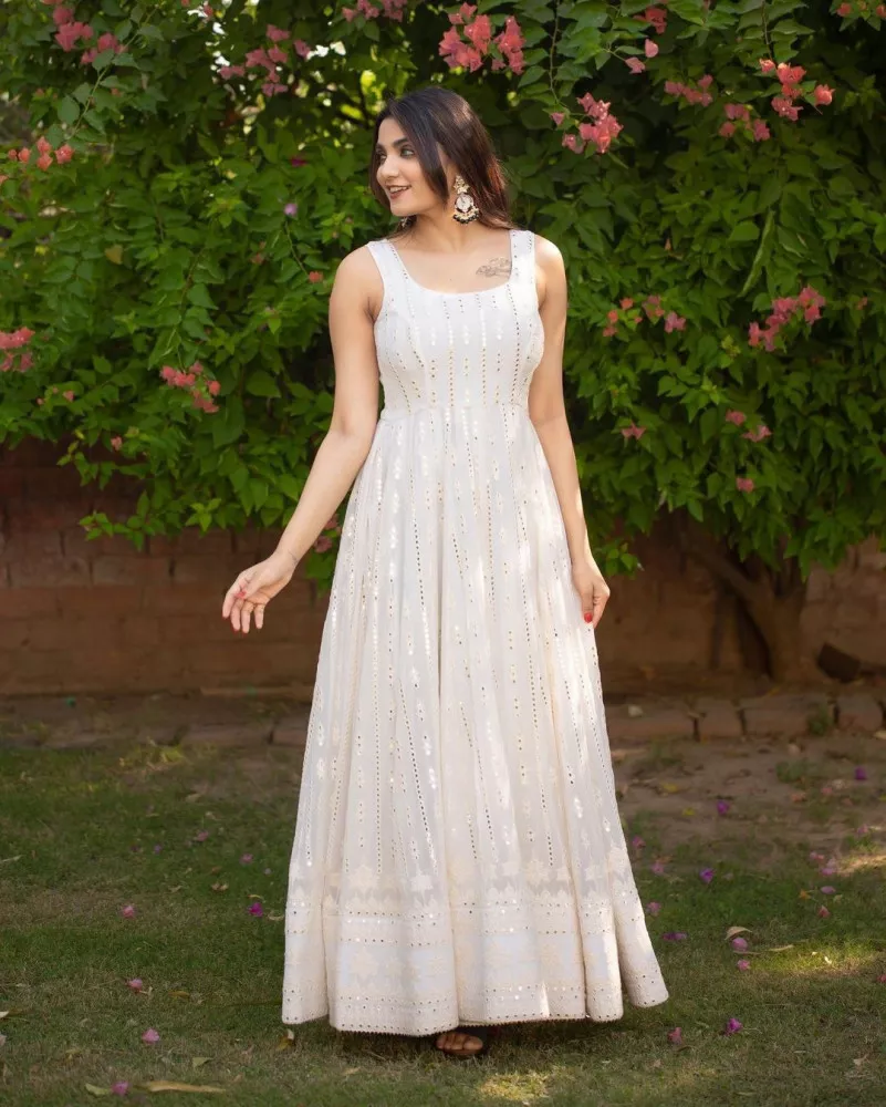White Embellished Flared Gown With Multi-color Stripes Long Shrug – AMRUT