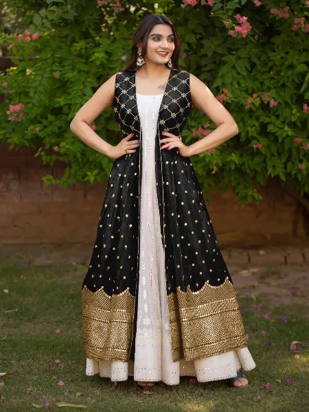 White Gown With Black Shrug for Indian Wedding Ceremony and Party Wear Gown