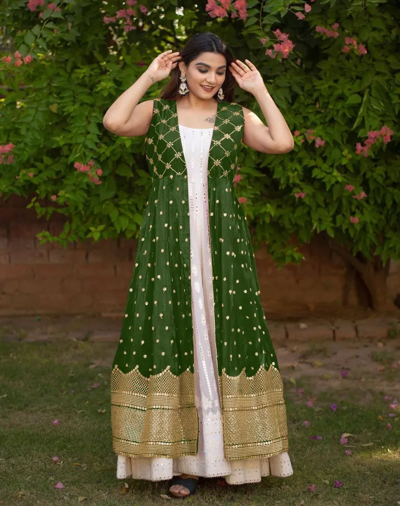 Off White Anarkali Gown with Shrug | Indian saree dress, Ethnic wear indian,  Anarkali gown