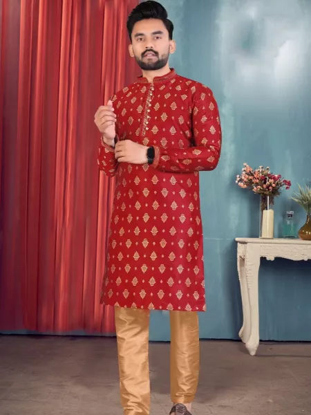 Maroon Color Men's Traditional Kurta in Jacquard Fabric Shadi Kurta for Men