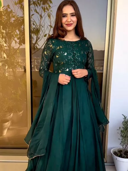 Green Color Georgette Gown With Embroidery Work for Sangeet Ceremony