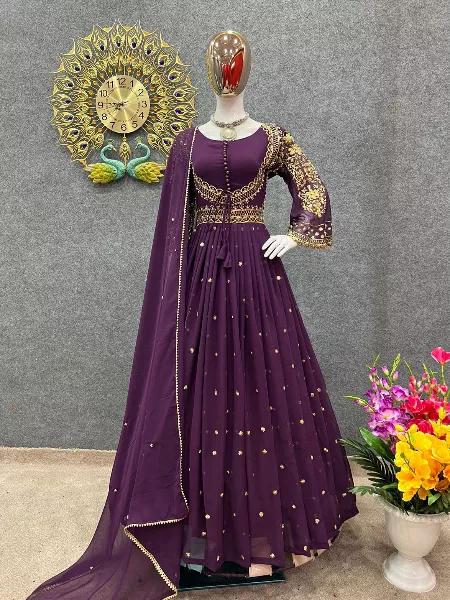 Wine Color Designer Bollywood Anarkali Dress With Embroidery and Dupatta