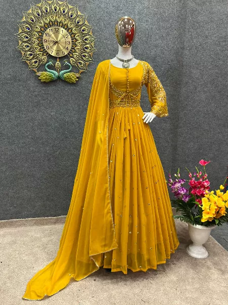 Buy Beautiful Yellow Embroidered Sleeveless Party Gown Online in USA – Pure  Elegance