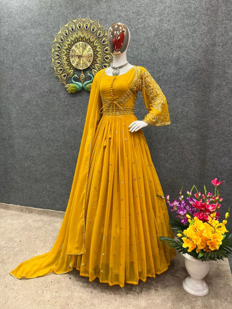 Chanderi Silk Sequence Thread Work Designer Girls Wear Gown Yellow  -6991173648 | Heenastyle
