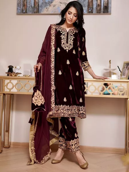 Maroon Color Pakistani Suit With Embroidery Work on Pent and Dupatta