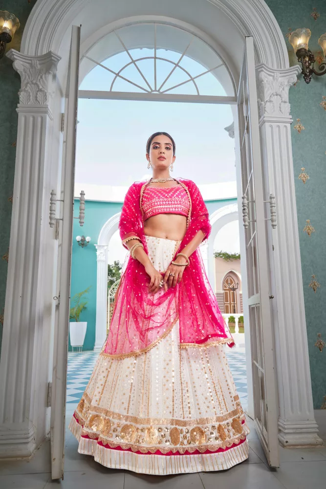 Attractive White & Pink Floral Printed Tussar Silk Navratri Lehenga Ch –  Fashion Flux
