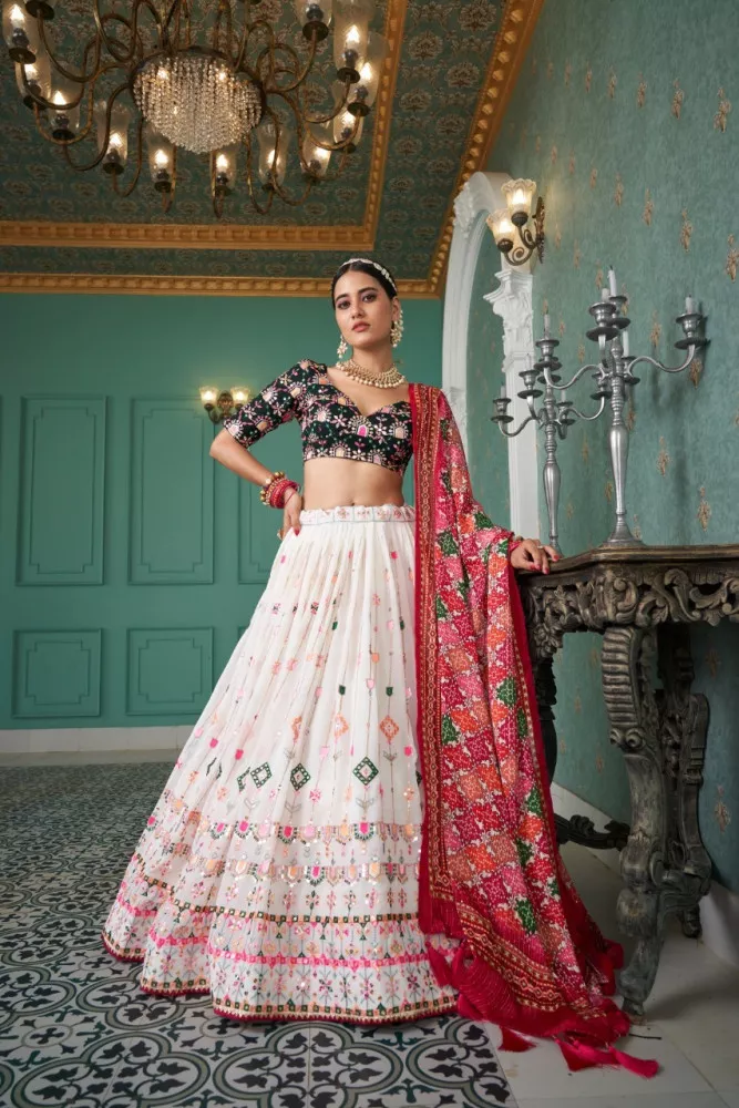 Off White and Green Color Wedding Wear Silk Jacquard Lehenga & Blouse –  fashionnaari