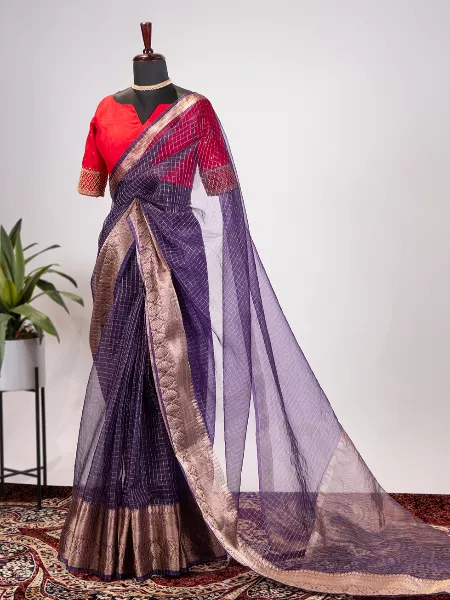 Blue & Purple Chex Cotton Silk Saree And Jaquard Designer Blouse For  Wedding Wear-AVADH1065101D - RJ Fashion