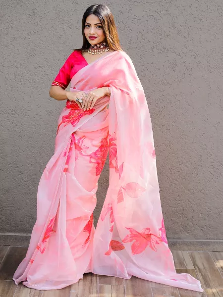 Pink Organza Saree With Floral and Foil Print With Blouse