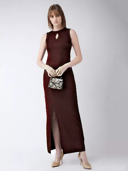 Maroon Color Polyester Lycra Bodycon Western Dress With Keyhole Neck
