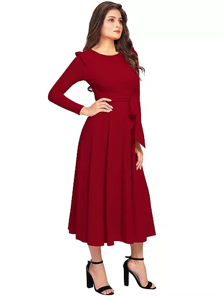 Maroon Spandex Polyester Western Dress With Round Neck and Waist Belt