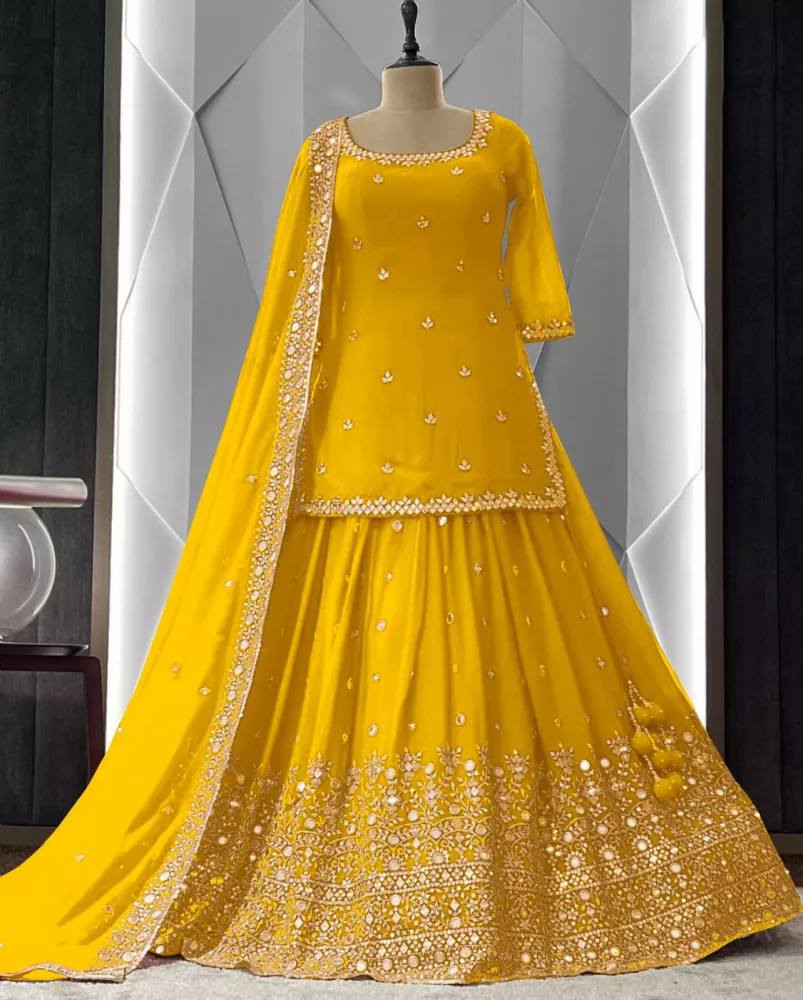 Buy Yellow Embroidery Work Organza Trendy Pakistani Suit Online