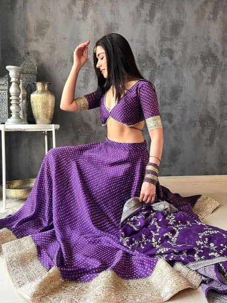 Indian Bridal Lehenga Choli in Lavender With Bandhani Dot Print and Embroidery