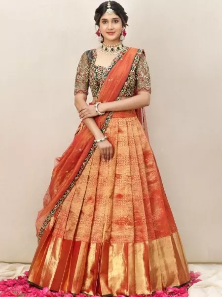 Buy Elegant Peach Net Golden Embroidered Wedding Wear Lehenga Choli Set For  Women – Shopgarb Store