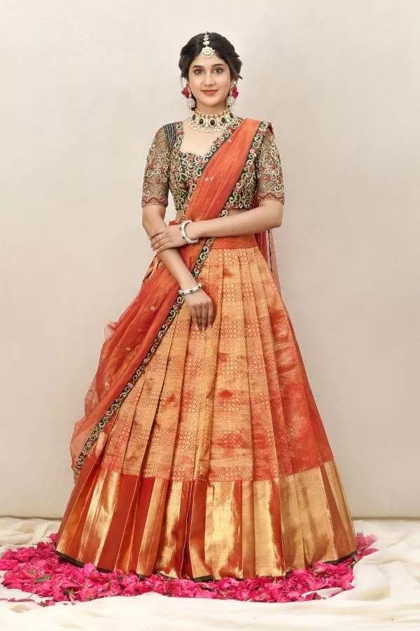 DesiButik's Beautiful Golden Imported Coated Fabric And Net Lehenga Saree:  Amazon.in: Clothing & Accessories | Lehenga style saree, Raw silk lehenga,  Saree designs