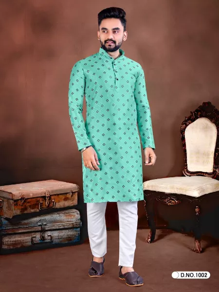 Light Green Men's Traditional Kurta Pajama Set in Jacquard Silk for Ramadan Eid Men's Kurta