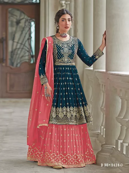 Eid Festival Blue Top With Peach Lehenga and Dupatta With Heavy Embroidery