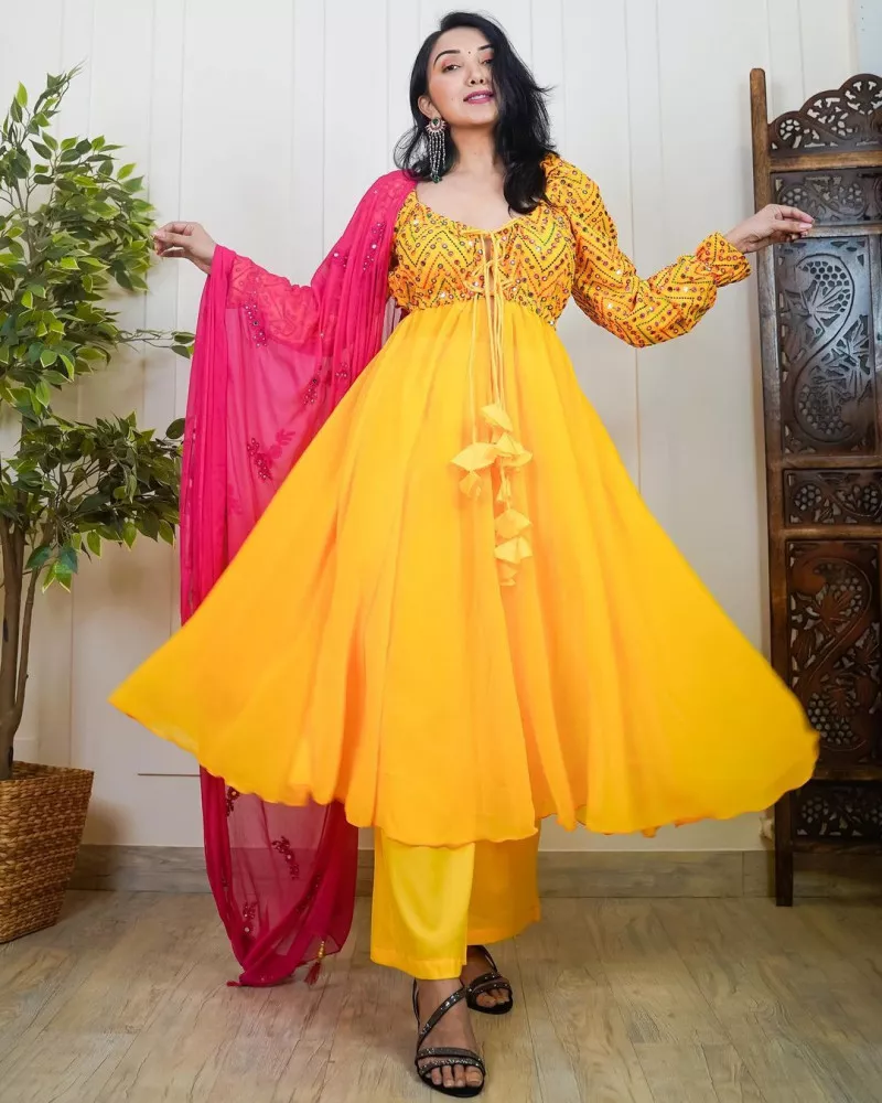 Beautiful Yellow Georgette Thread Work Salwar Suit Wtih Dupatta