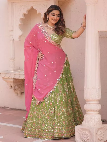 Fuchsia Pink & Leaf Green Raw Silk Embroidered Lehenga Set Design by Papa  Don't Preach by Shubhika at Pernia's Pop Up Shop 2024