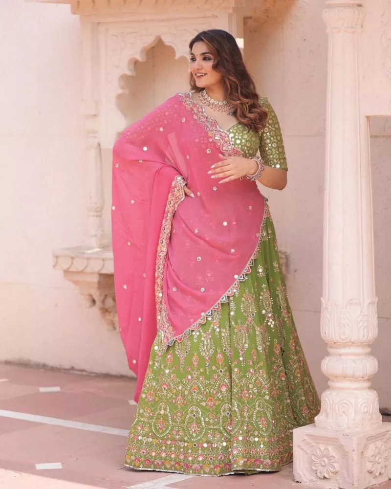 Sage Green Embroidered Net Lehenga Choli