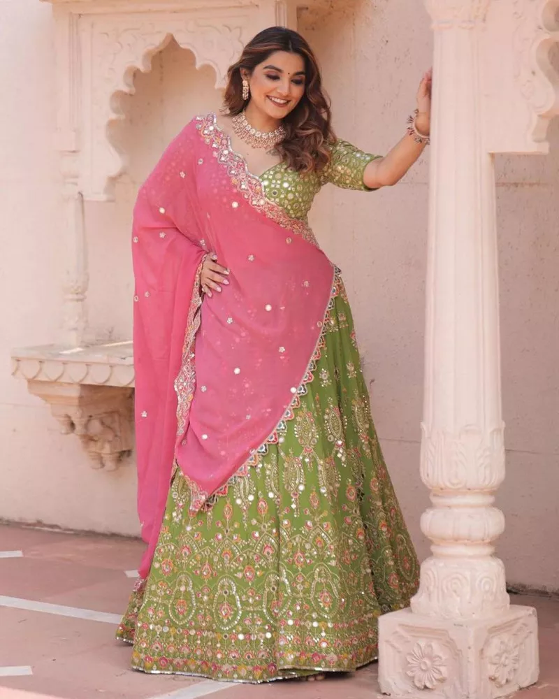 Green And Pink Multi Embroidered Designer Lehenga Choli | Designer lehenga  choli, Bridal lehenga choli, Lehenga choli online