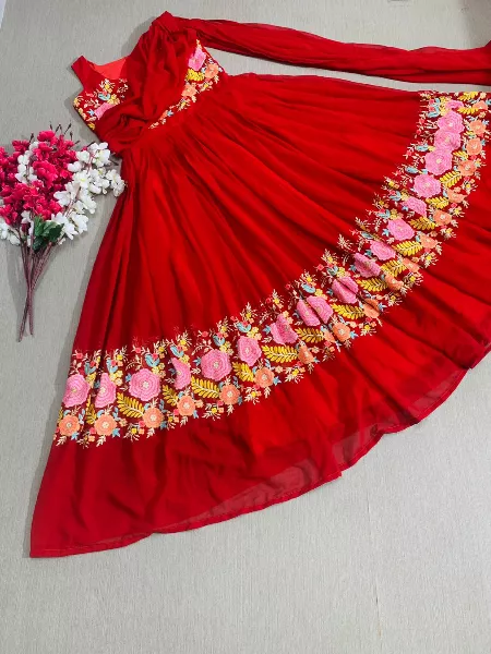 Red Color Party Wear Designer Gown With Embroidery Work and Attached Dupatta