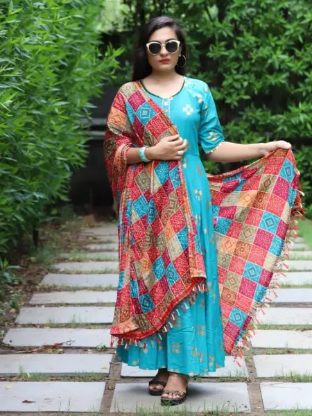 Sky Blue Plus Size Gown and Bandhani Dupatta With Foil Print