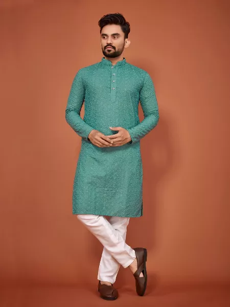 Festival Special Wear Men Kurta in Cotton With Heavy Chicken Embroidery Work and Pajama