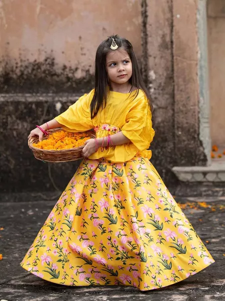 Haldi Special Floral Print Designer Kids Lehenga Choli in Malai Satin