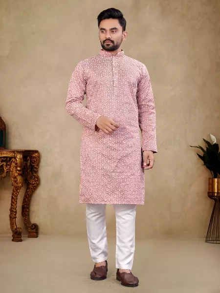 Pink Color Thai Silk Men's Traditional Kurta for Party and Wedding Function