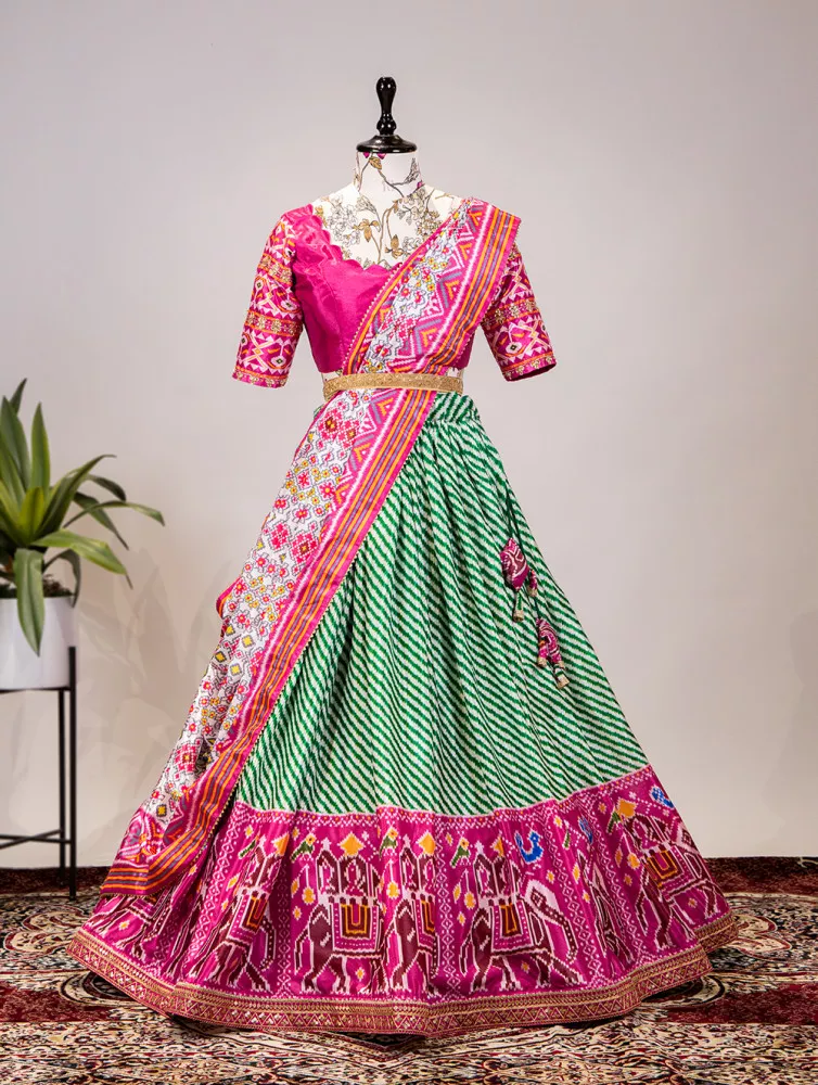Georgette Laddi Pattern Thread-Sequins Work Orange Lehenga Choli and Cotton  Printed Green Dupatta | Exotic India Art