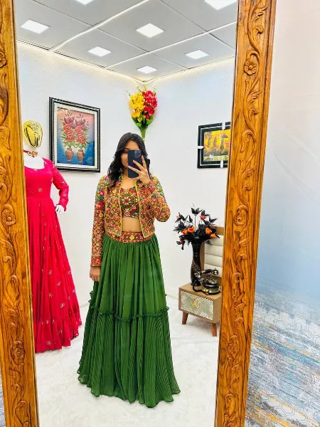 Green Color Indian Readymade Lehenga Choli With Embroidery Work Jacket